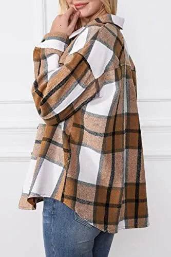 Womens Shacket Jackets Long Sleeve Plaid Wool Blend Button Down Tops Shirt Fall Winter Jacket Shackets - Bona Fide Fashion