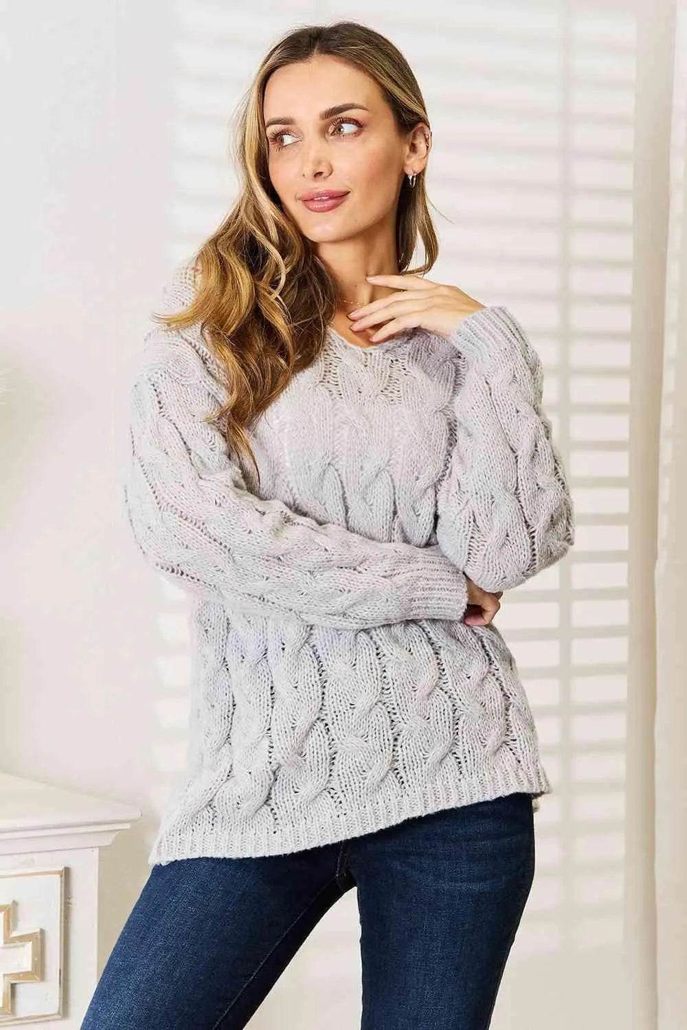 Woven Right Cable-Knit Hooded Sweater - Bona Fide Fashion