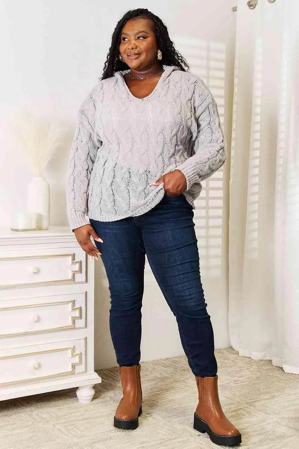 Woven Right Cable-Knit Hooded Sweater - Bona Fide Fashion