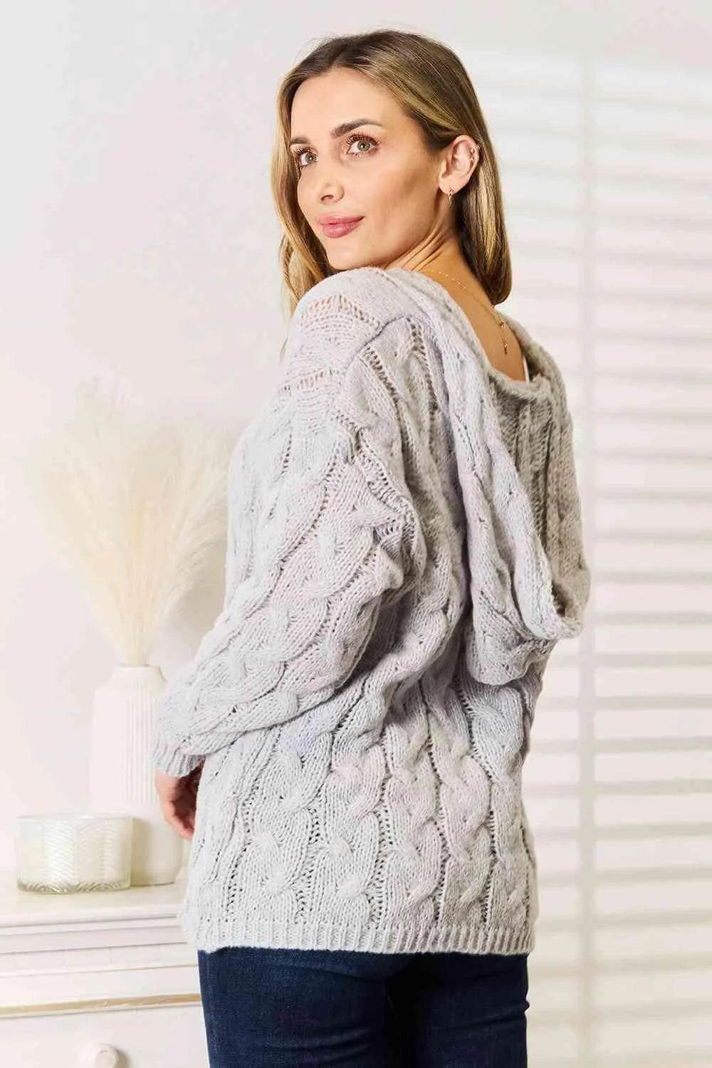 Woven Right Cable-Knit Hooded Sweater - Bona Fide Fashion