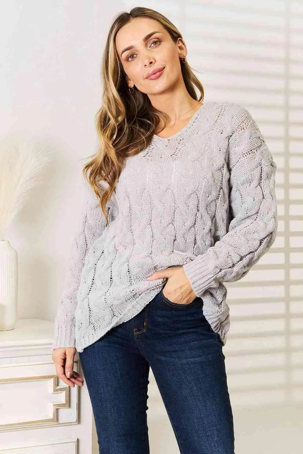 Woven Right Cable-Knit Hooded Sweater - Bona Fide Fashion