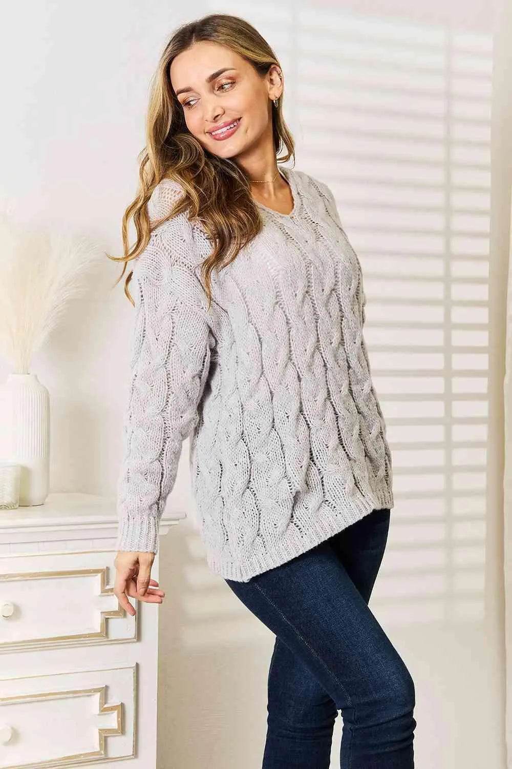 Woven Right Cable-Knit Hooded Sweater - Bona Fide Fashion