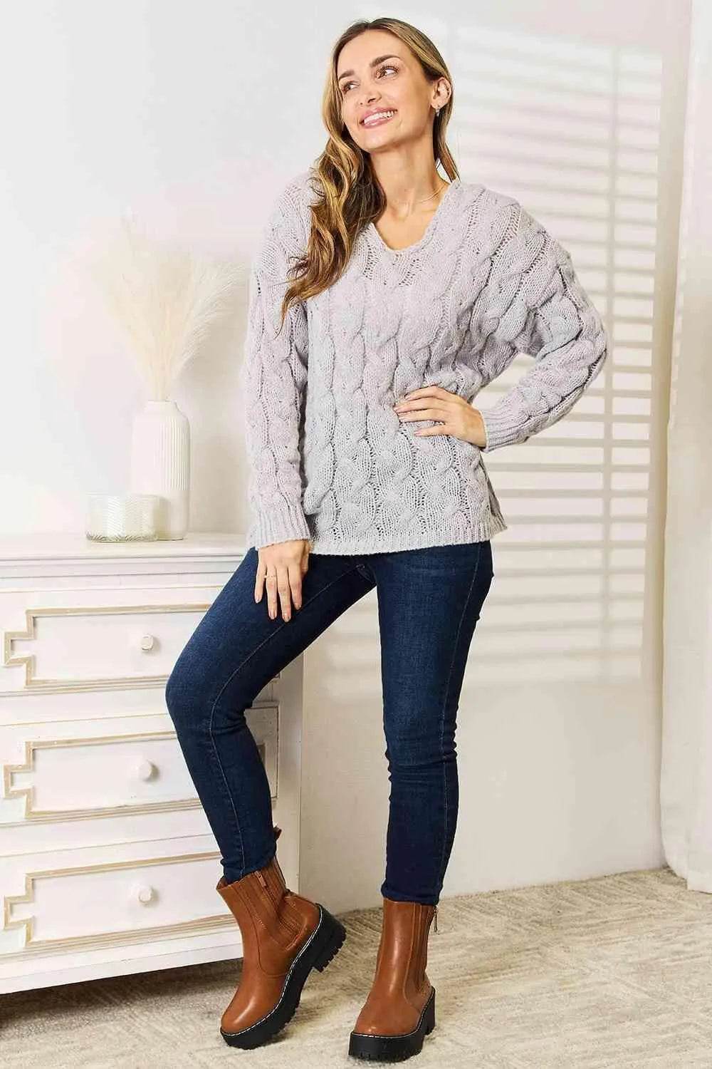 Woven Right Cable-Knit Hooded Sweater - Bona Fide Fashion