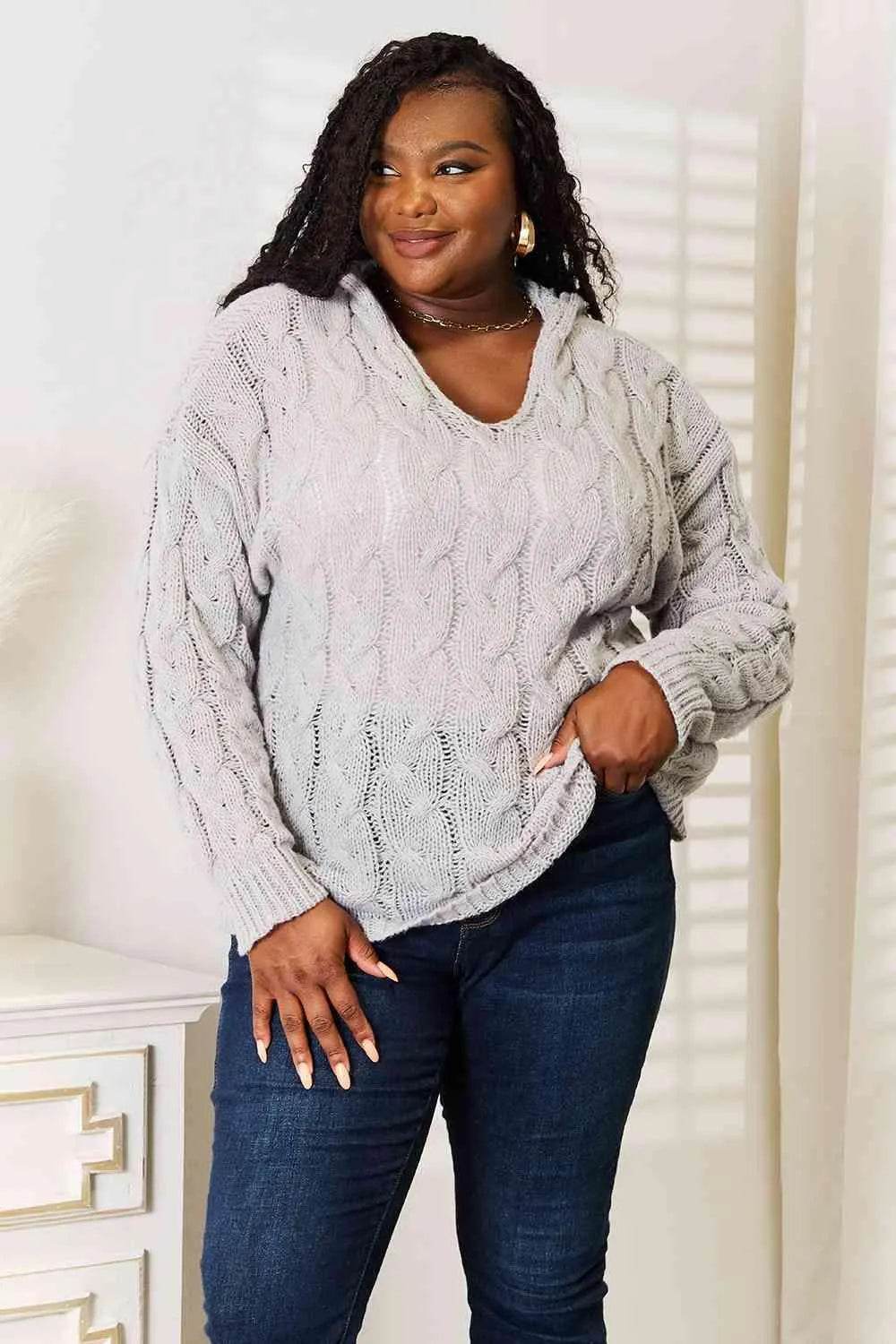 Woven Right Cable-Knit Hooded Sweater - Bona Fide Fashion