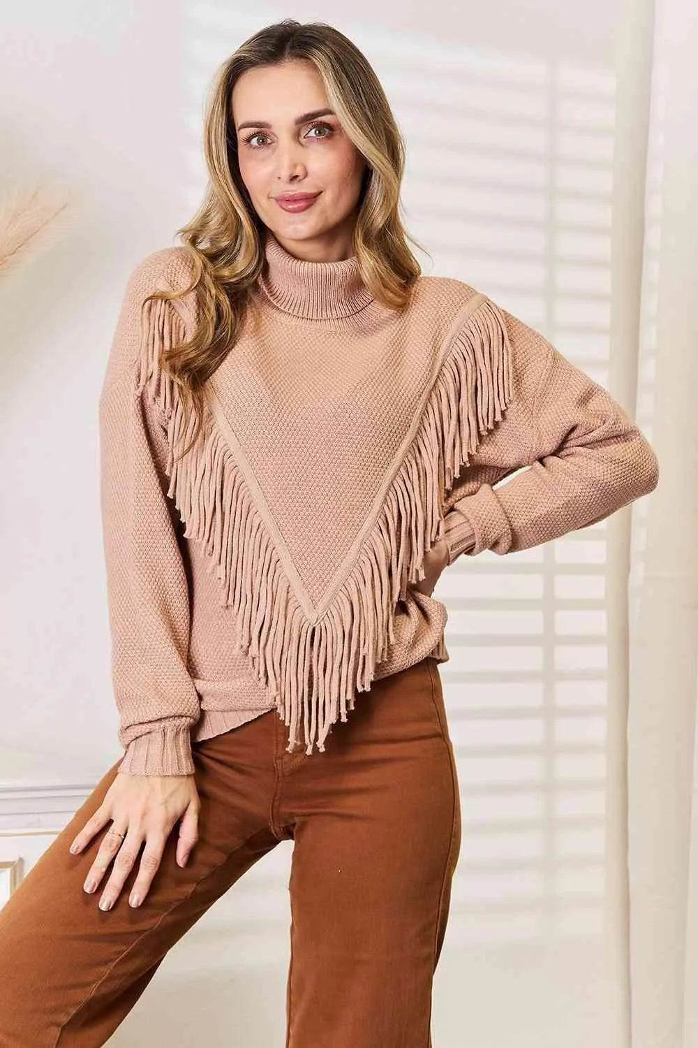 Woven Right Turtleneck Fringe Front Long Sleeve Sweater - Bona Fide Fashion