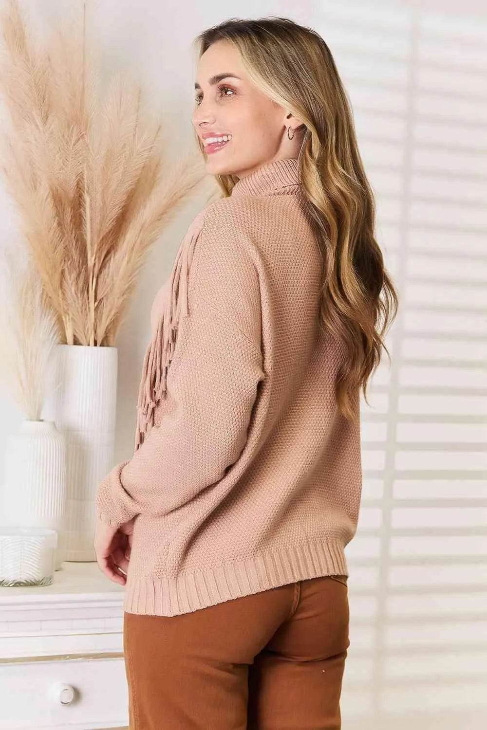 Woven Right Turtleneck Fringe Front Long Sleeve Sweater - Bona Fide Fashion