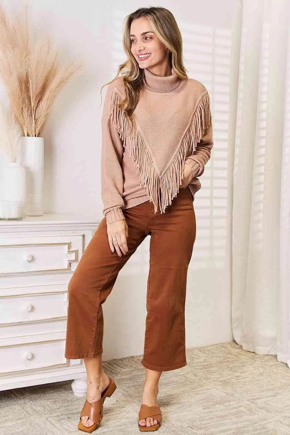 Woven Right Turtleneck Fringe Front Long Sleeve Sweater - Bona Fide Fashion