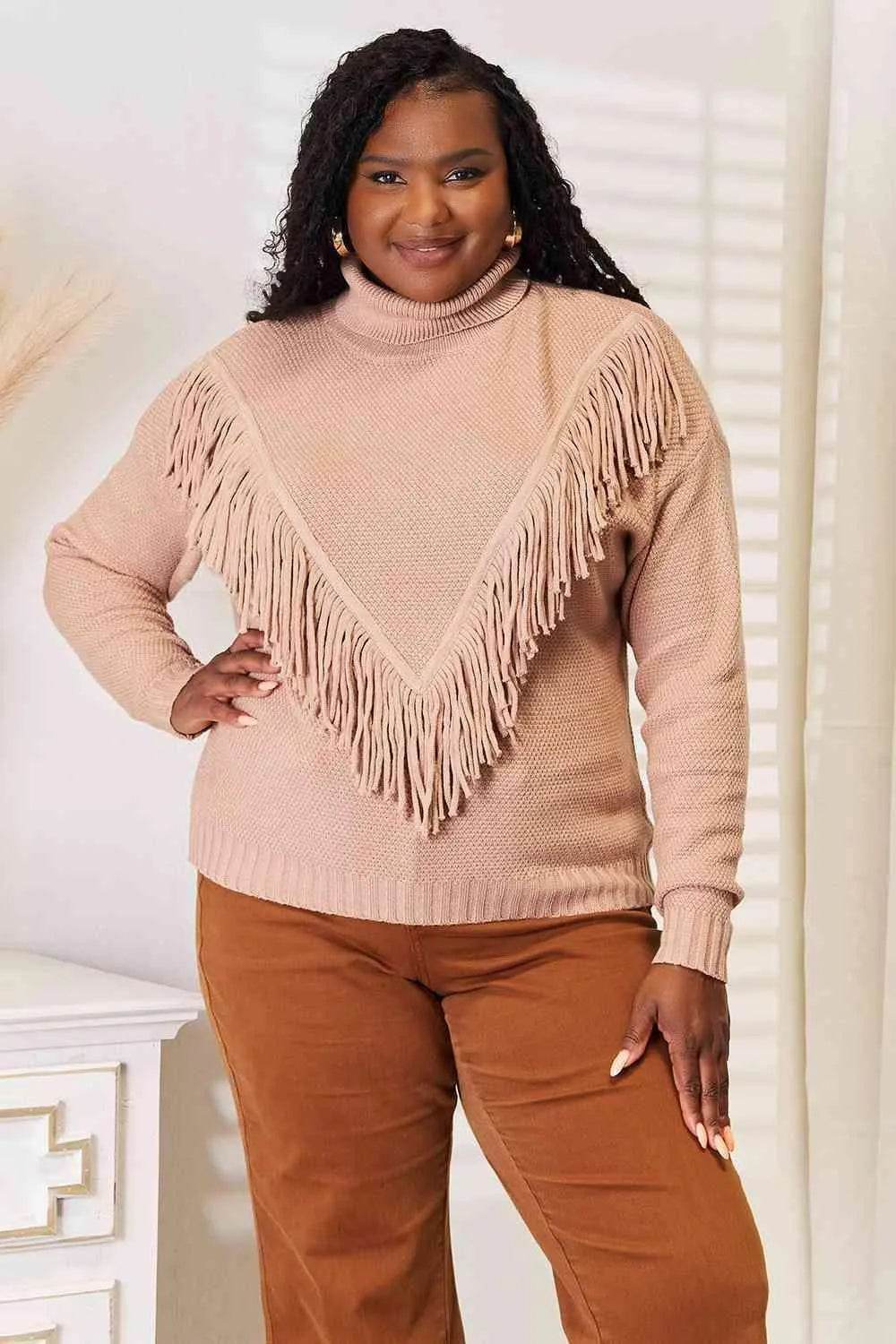 Woven Right Turtleneck Fringe Front Long Sleeve Sweater - Bona Fide Fashion