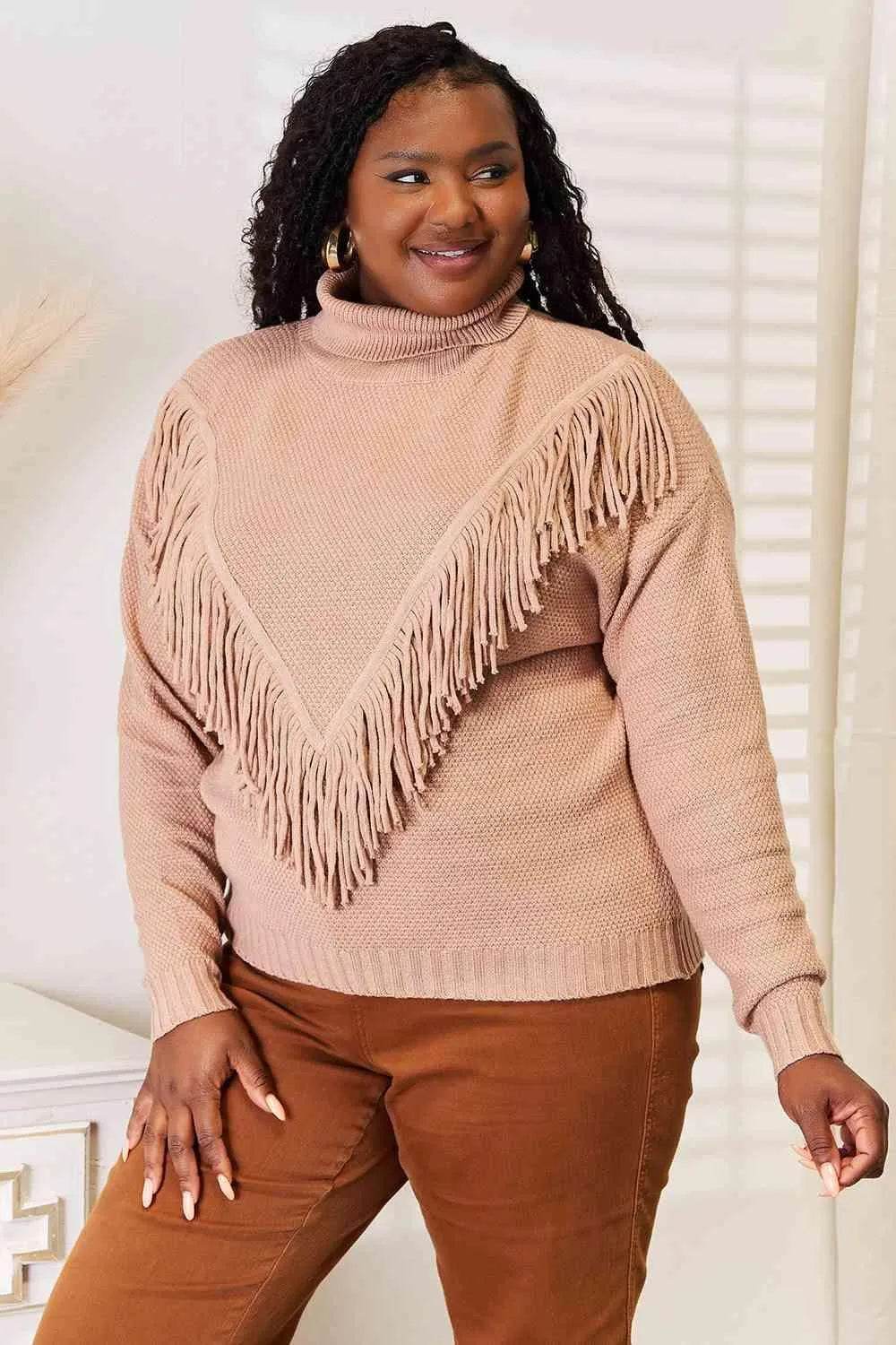 Woven Right Turtleneck Fringe Front Long Sleeve Sweater - Bona Fide Fashion