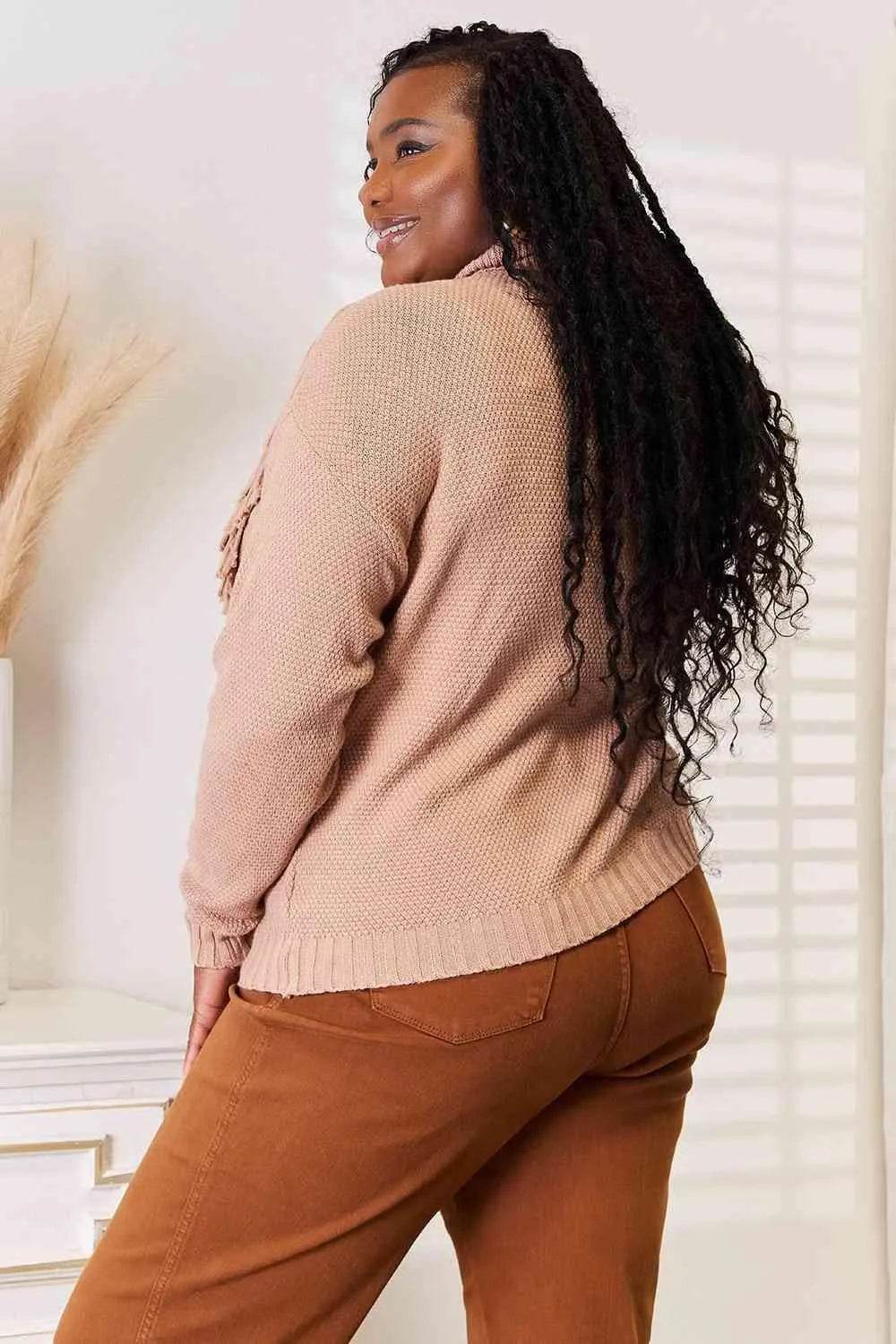 Woven Right Turtleneck Fringe Front Long Sleeve Sweater - Bona Fide Fashion