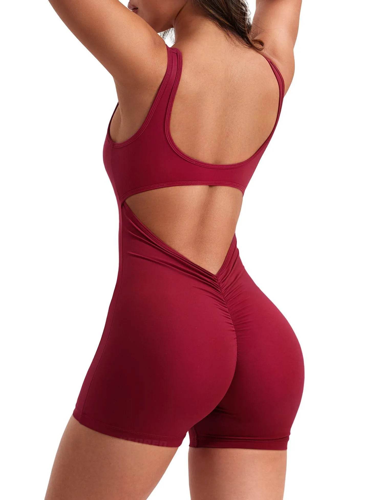YEOREO One Piece Jumpsuits for Women Sleeveless Backless Workout Jumpsuits Bodycon Scrunch Butt V Back Gym Rompers Wine Red M - Bona Fide Fashion
