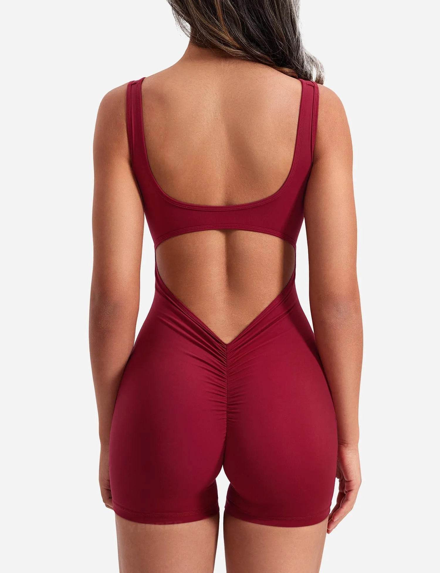 YEOREO One Piece Jumpsuits for Women Sleeveless Backless Workout Jumpsuits Bodycon Scrunch Butt V Back Gym Rompers Wine Red M - Bona Fide Fashion