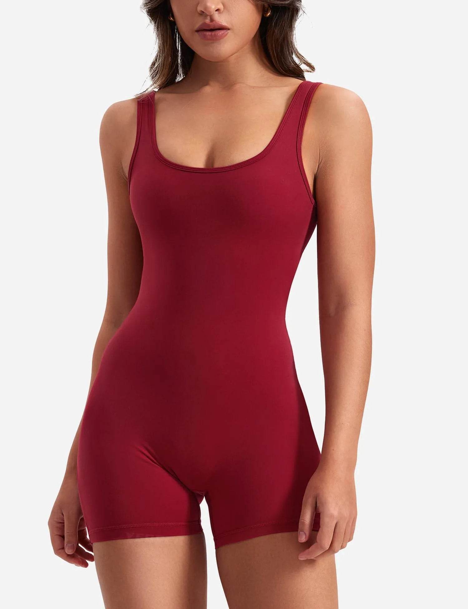 YEOREO One Piece Jumpsuits for Women Sleeveless Backless Workout Jumpsuits Bodycon Scrunch Butt V Back Gym Rompers Wine Red M - Bona Fide Fashion