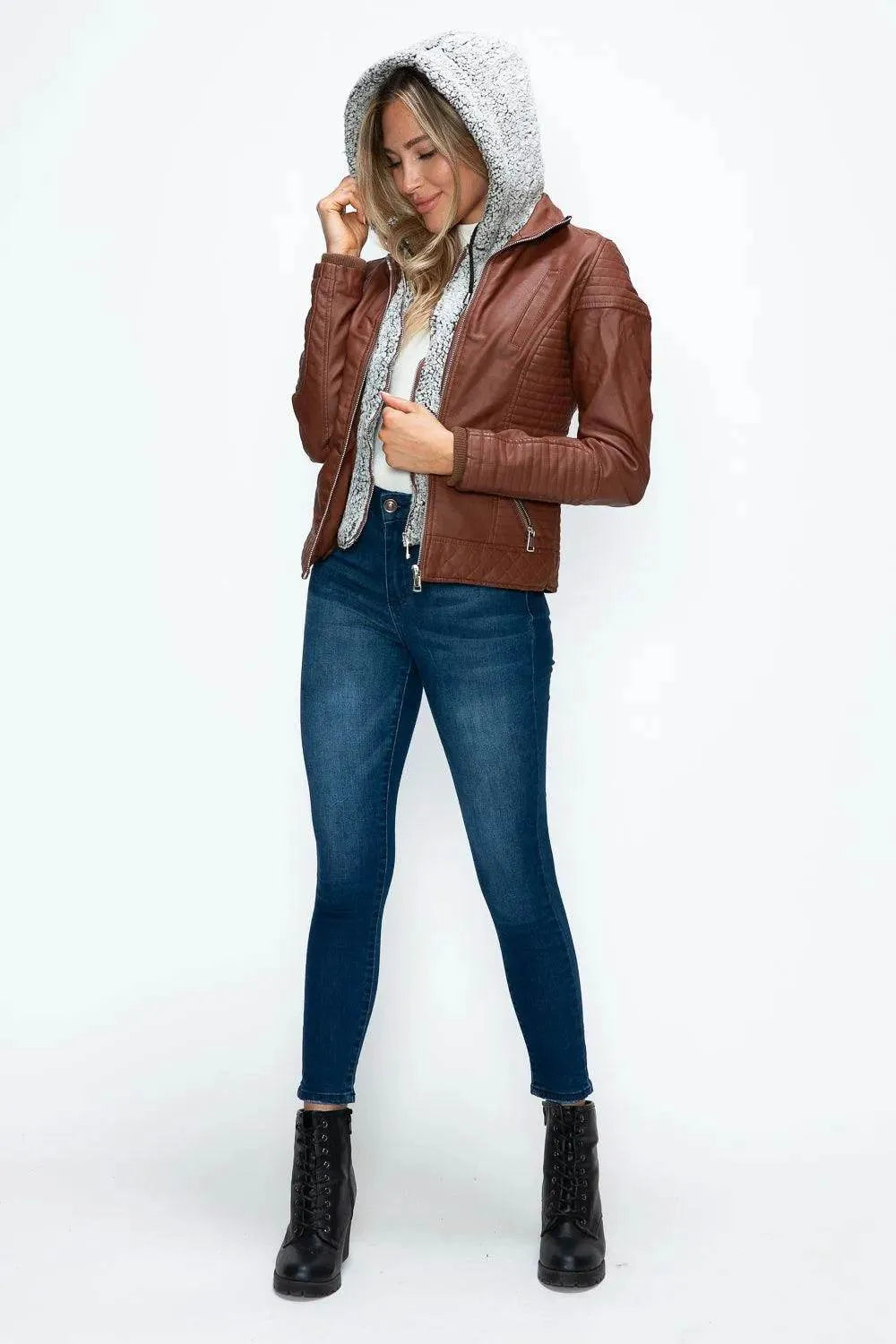 YMI Faux Layered Double-Zipper Jacket with Fuzzy Hood - Bona Fide Fashion