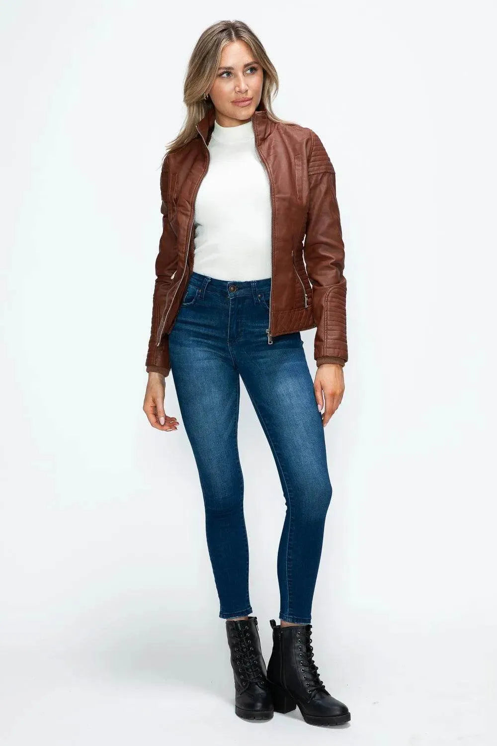 YMI Faux Layered Double-Zipper Jacket with Fuzzy Hood - Bona Fide Fashion