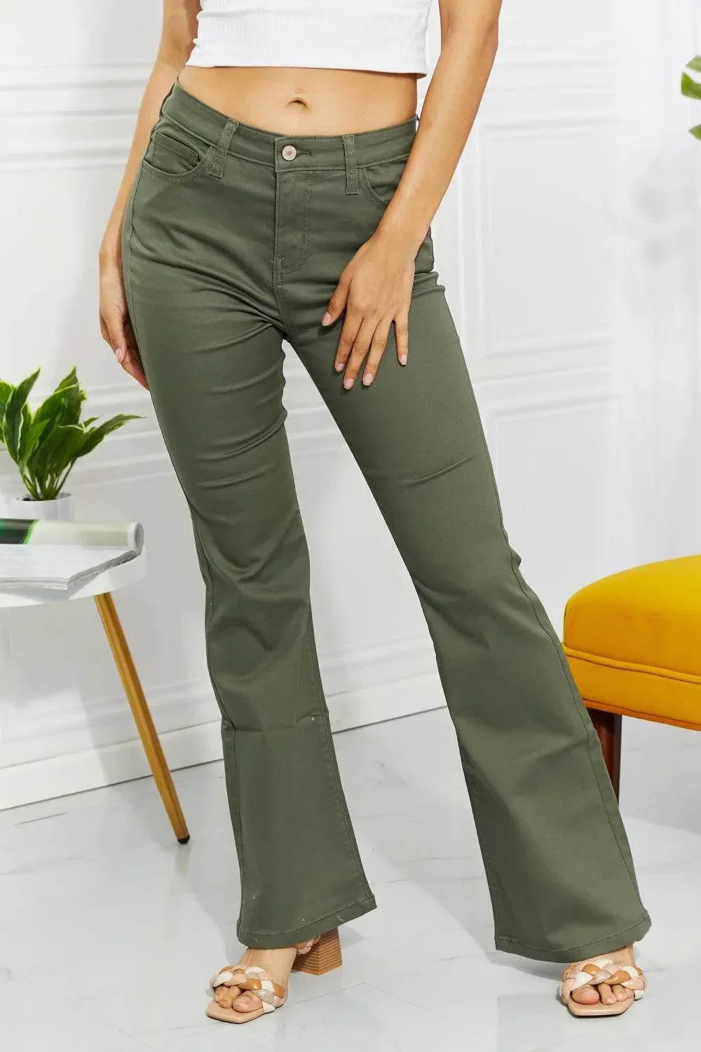 Zenana Clementine Full Size High-Rise Bootcut Jeans in Olive - Bona Fide Fashion