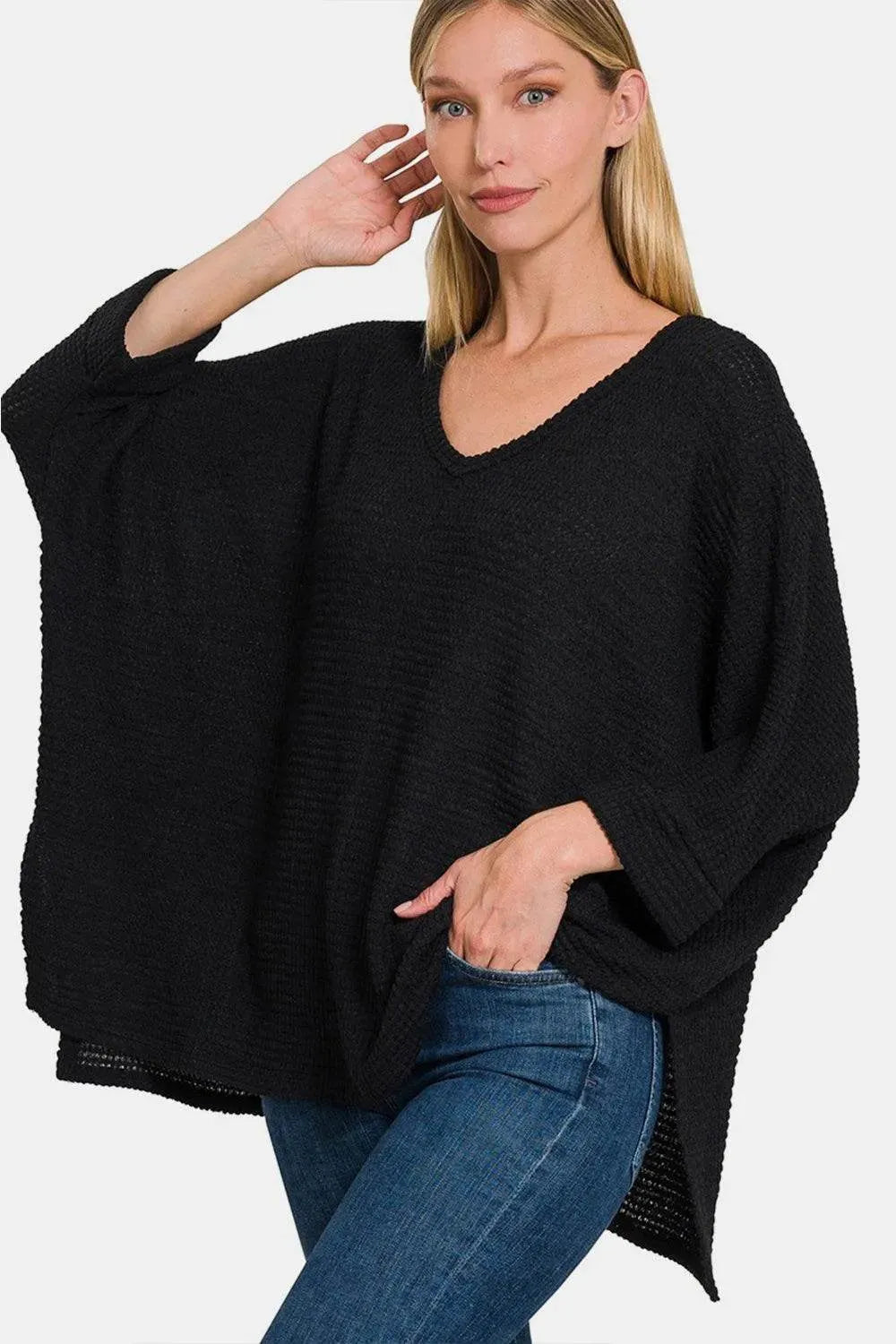Zenana Full Size Waffle Knit V-Neck Long Sleeve Slit Top - Bona Fide Fashion