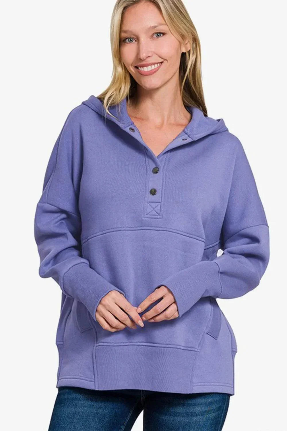 Zenana Half Snap Long Sleeve Hoodie with Kangaroo Pocket - Bona Fide Fashion