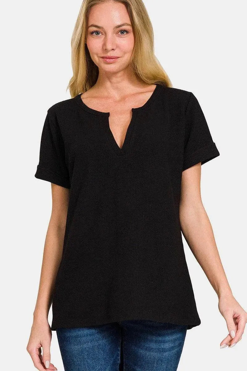Zenana Notched Short Sleeve Waffle T-Shirt - Bona Fide Fashion