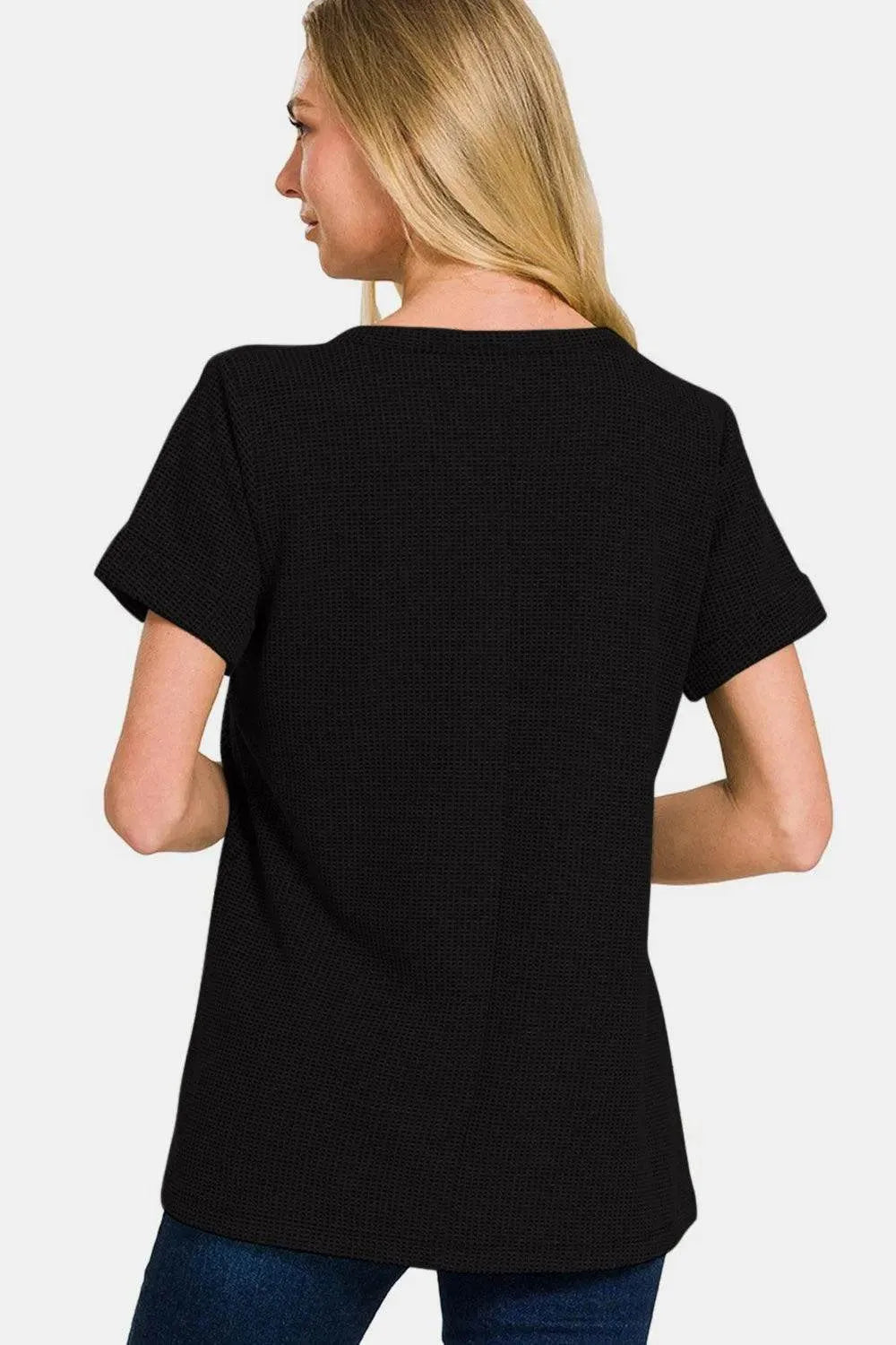 Zenana Notched Short Sleeve Waffle T-Shirt - Bona Fide Fashion