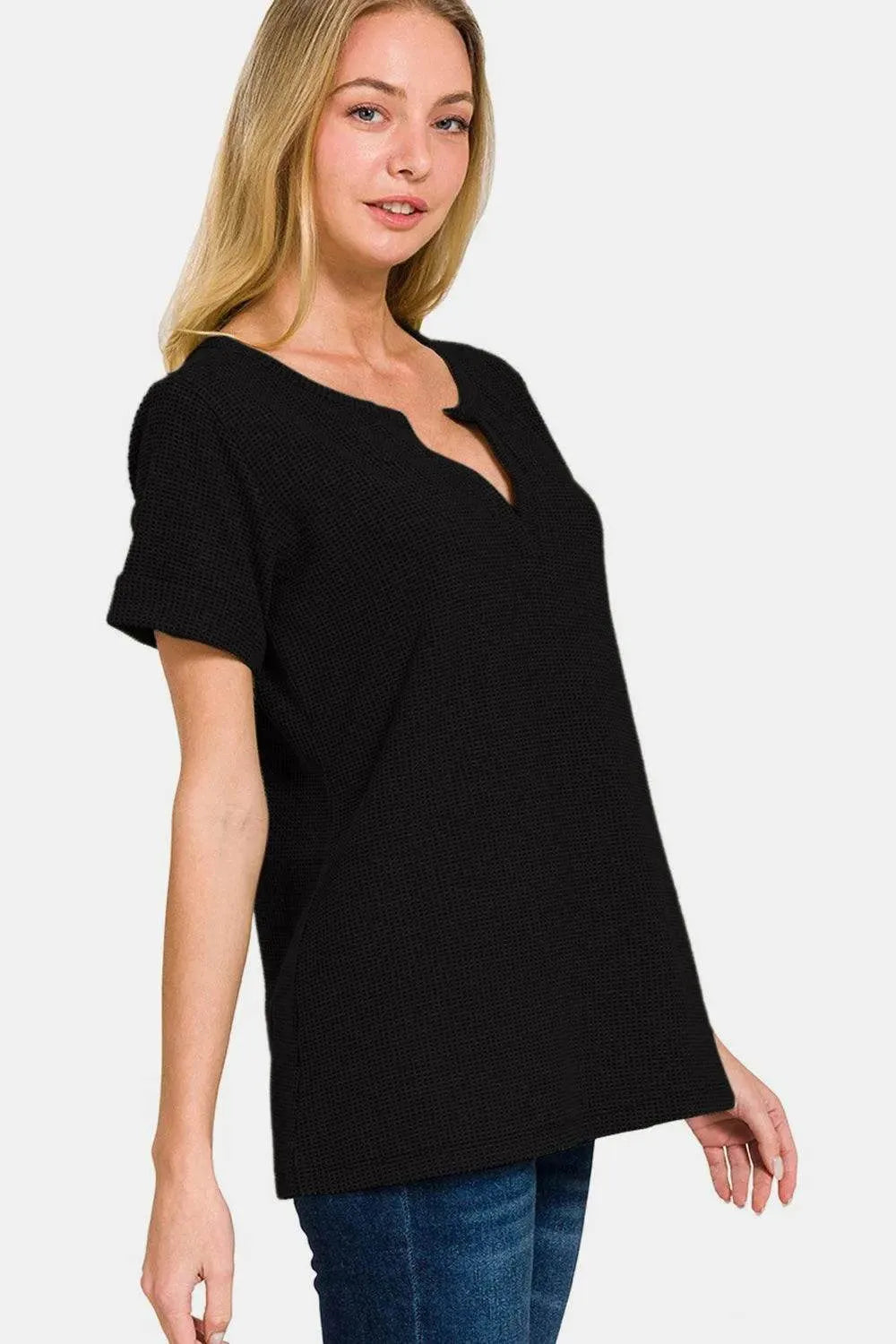 Zenana Notched Short Sleeve Waffle T-Shirt - Bona Fide Fashion