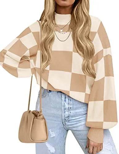 ZESICA Women's 2023 Fall Fashion Turtleneck Long Sleeve Striped Ribbed Knit Loose Pullover Sweater Tops,KhakiPlaid,Small - Bona Fide Fashion