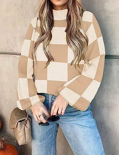 ZESICA Women's 2023 Fall Fashion Turtleneck Long Sleeve Striped Ribbed Knit Loose Pullover Sweater Tops,KhakiPlaid,Small - Bona Fide Fashion