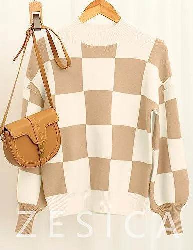 ZESICA Women's 2023 Fall Fashion Turtleneck Long Sleeve Striped Ribbed Knit Loose Pullover Sweater Tops,KhakiPlaid,Small - Bona Fide Fashion