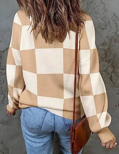 ZESICA Women's 2023 Fall Fashion Turtleneck Long Sleeve Striped Ribbed Knit Loose Pullover Sweater Tops,KhakiPlaid,Small - Bona Fide Fashion