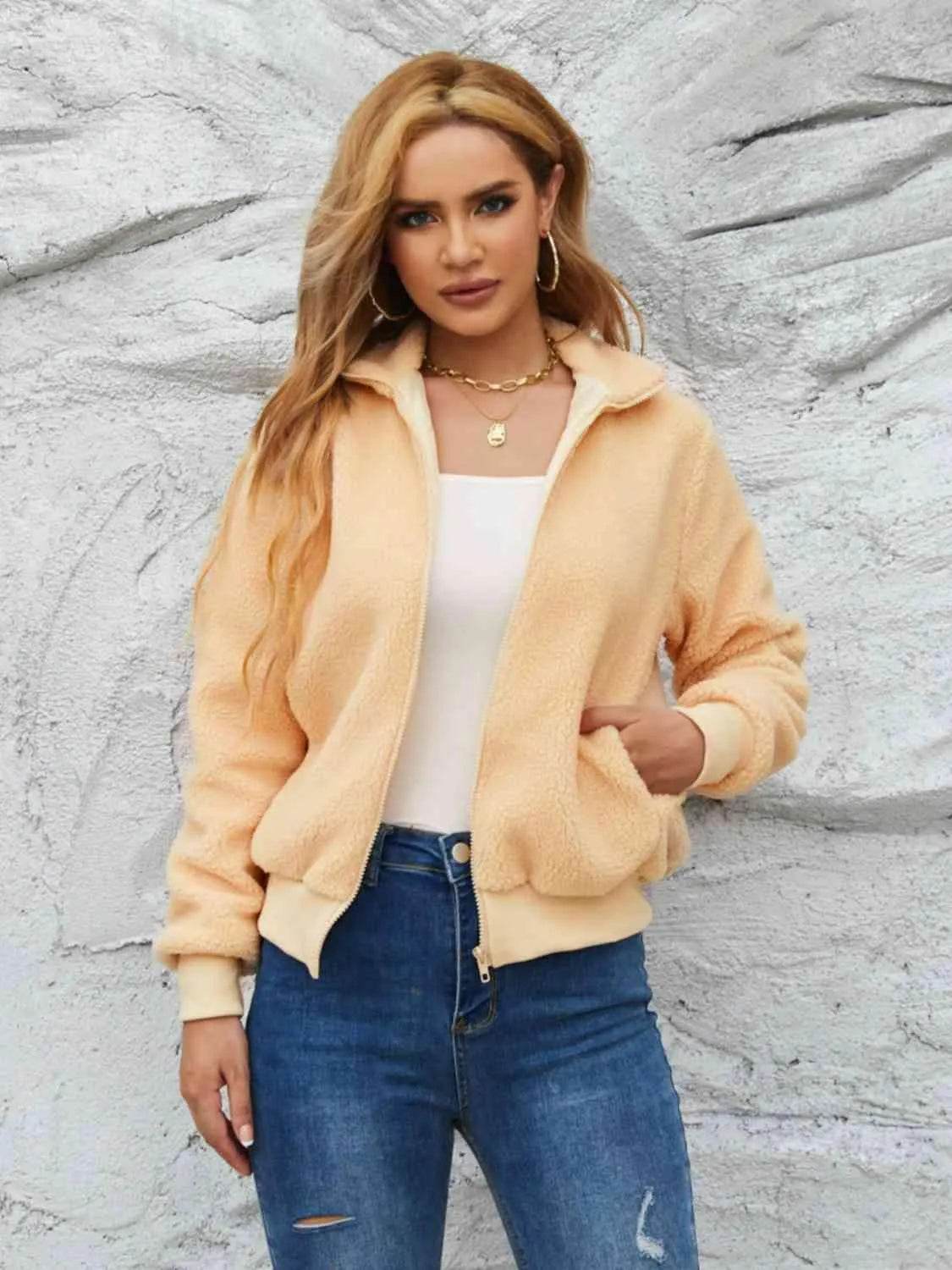 Zip Up Collared Neck Long Sleeve Jacket - Bona Fide Fashion
