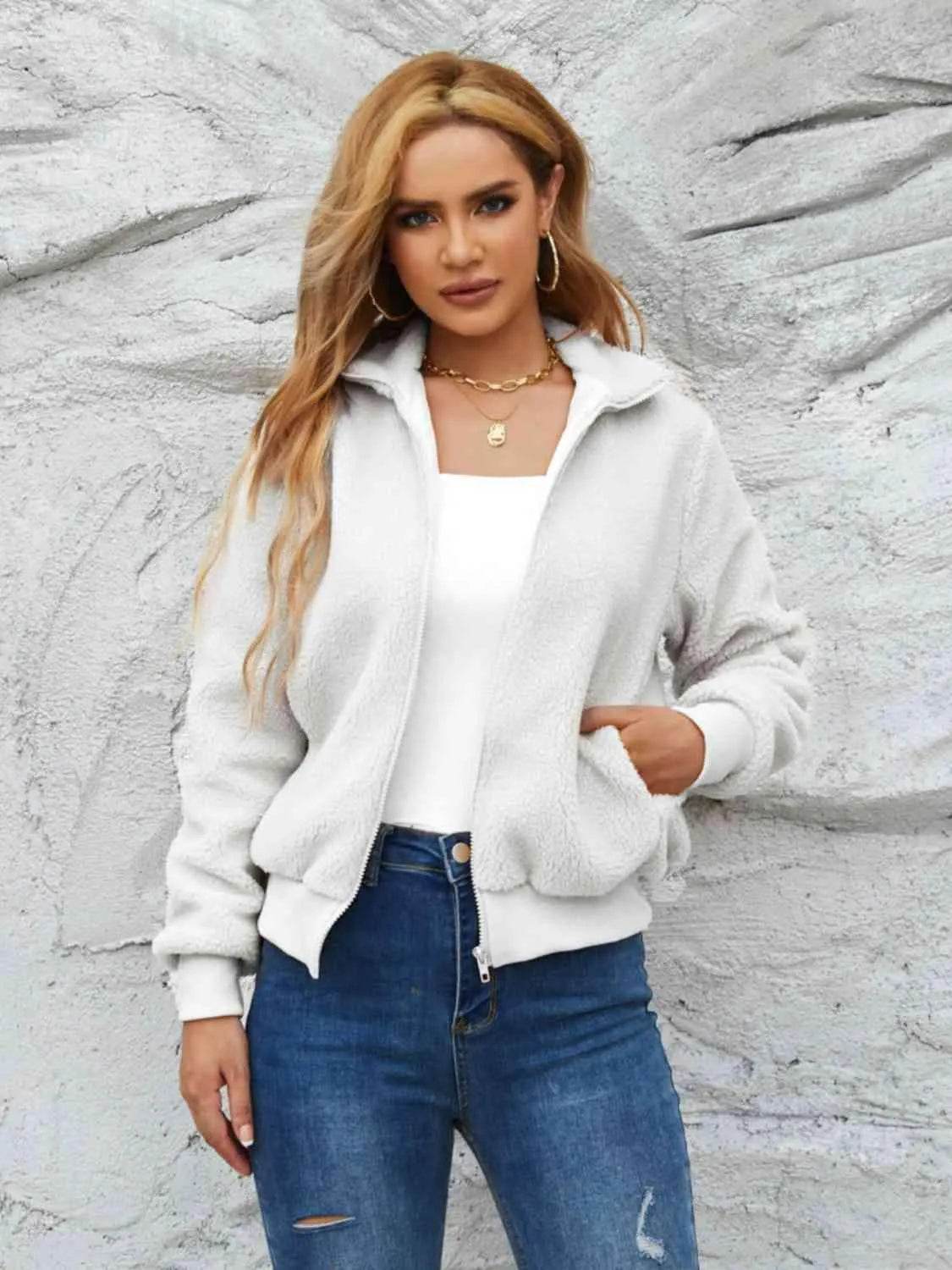 Zip Up Collared Neck Long Sleeve Jacket - Bona Fide Fashion