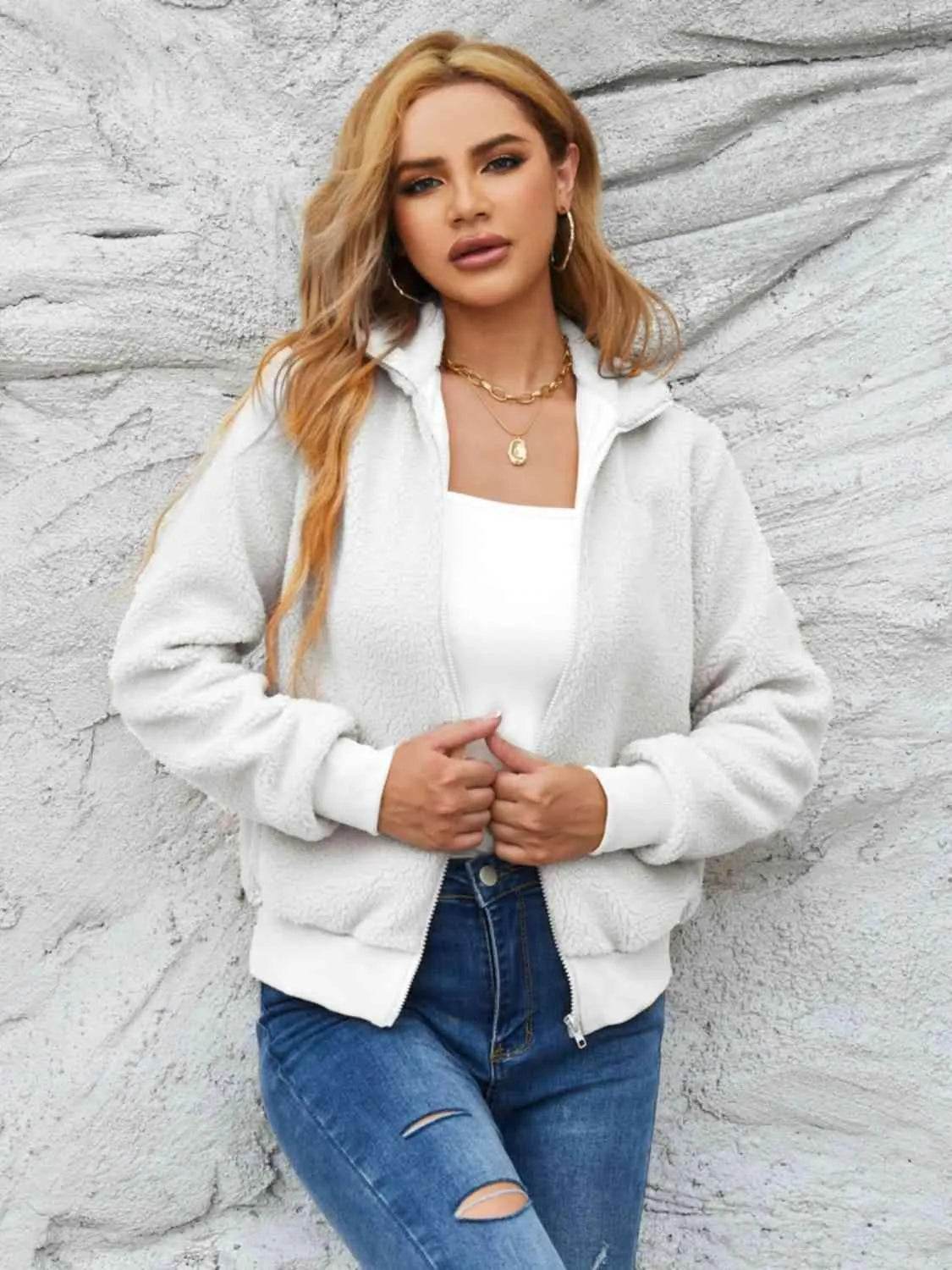 Zip Up Collared Neck Long Sleeve Jacket - Bona Fide Fashion