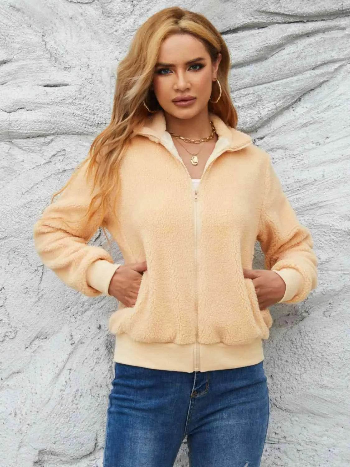 Zip Up Collared Neck Long Sleeve Jacket - Bona Fide Fashion