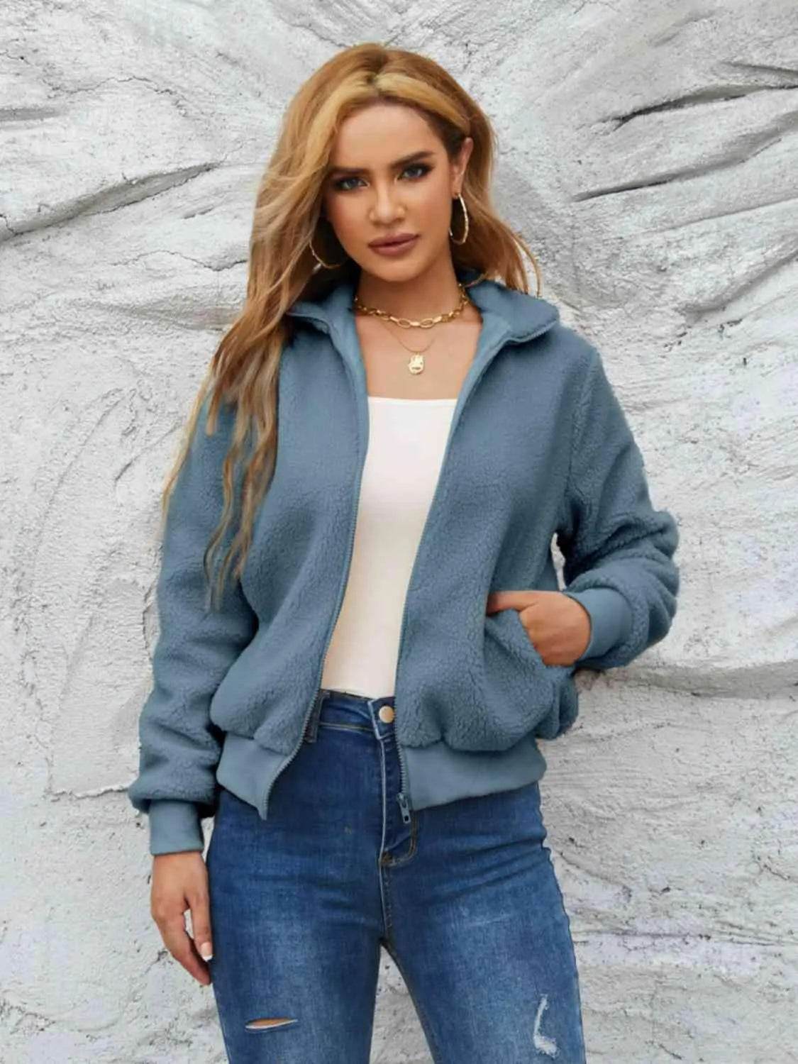 Zip Up Collared Neck Long Sleeve Jacket - Bona Fide Fashion