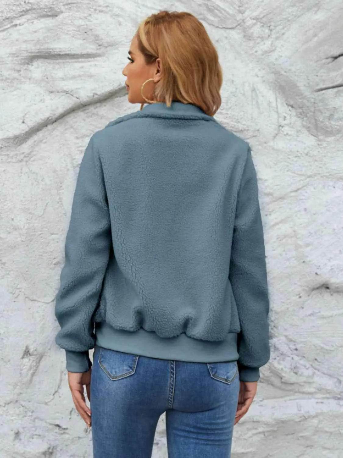 Zip Up Collared Neck Long Sleeve Jacket - Bona Fide Fashion