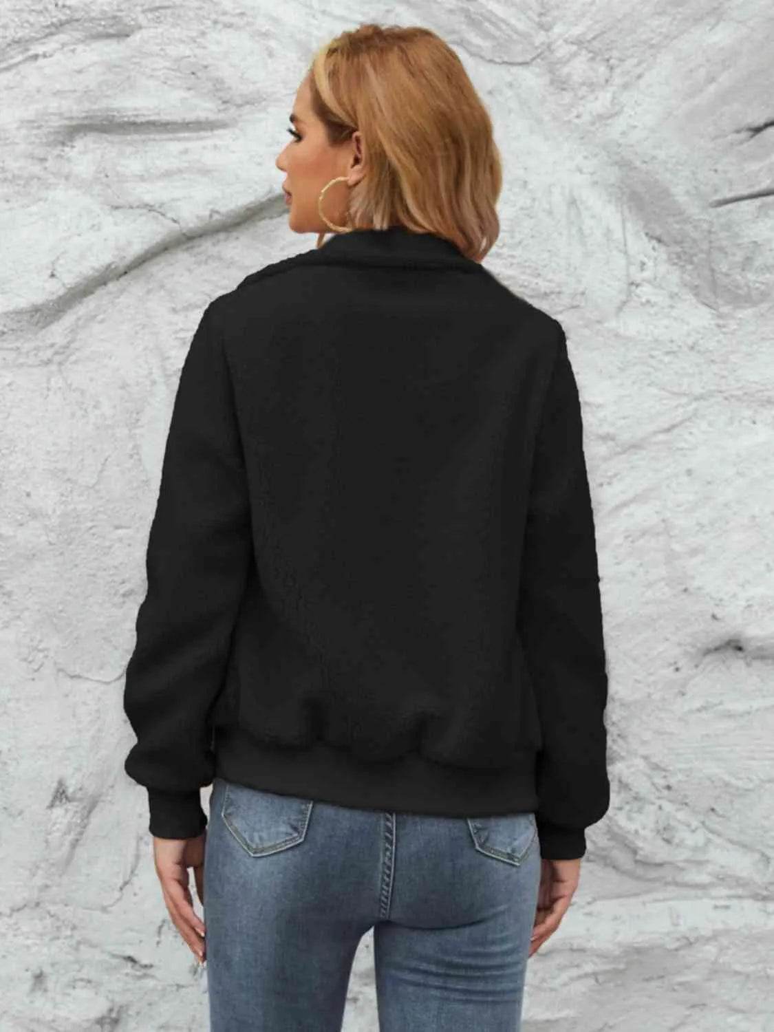 Zip Up Collared Neck Long Sleeve Jacket - Bona Fide Fashion