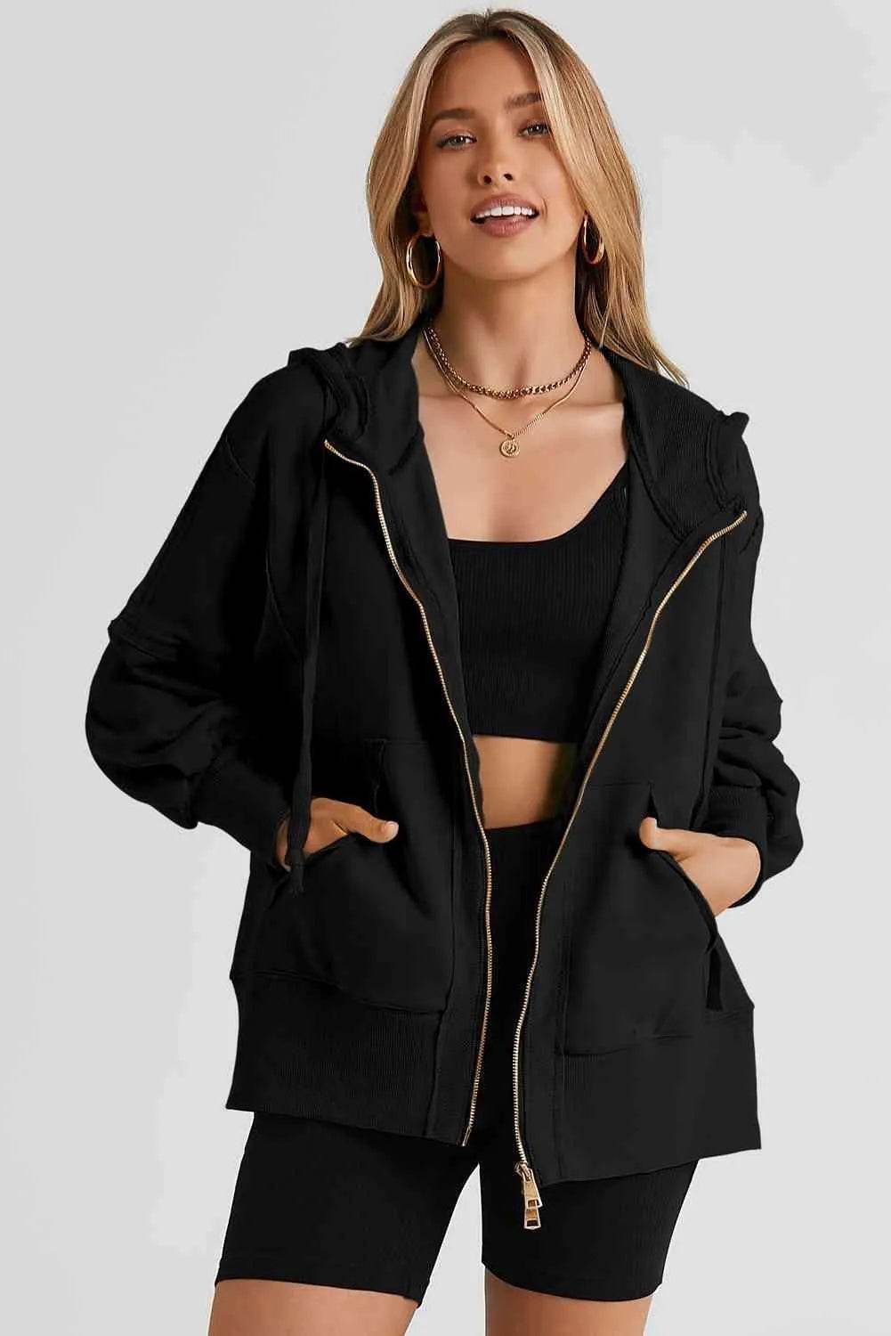Zip Up Long Sleeve Drawstring Hoodie - Bona Fide Fashion