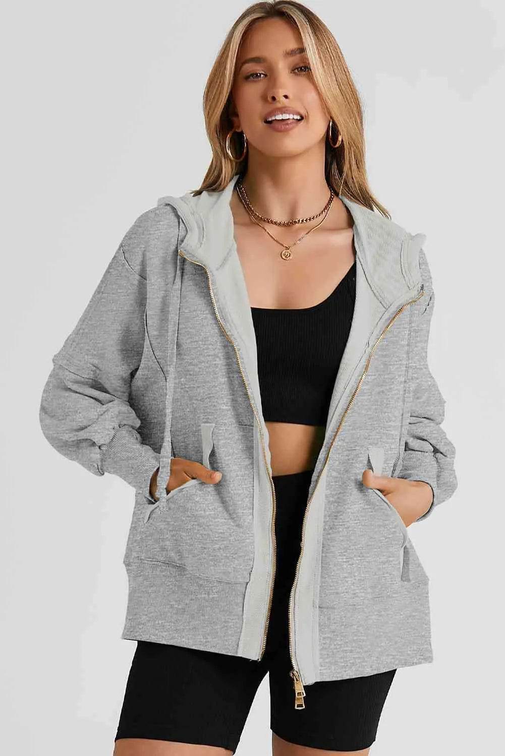 Zip Up Long Sleeve Drawstring Hoodie - Bona Fide Fashion