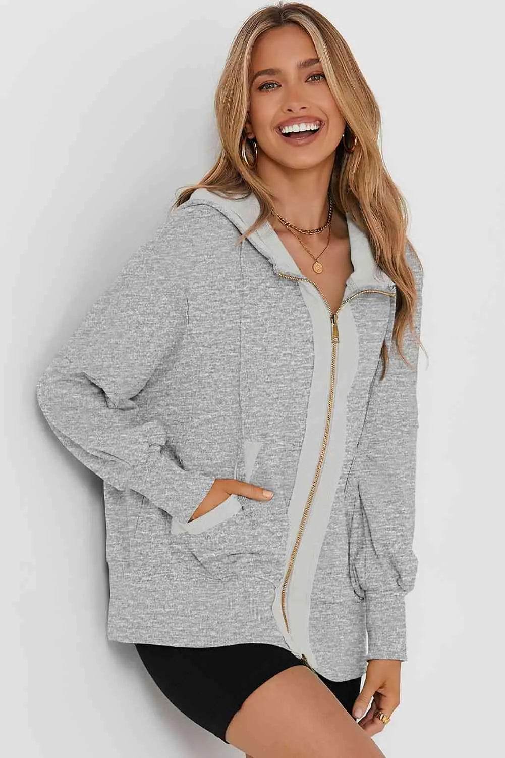 Zip Up Long Sleeve Drawstring Hoodie - Bona Fide Fashion