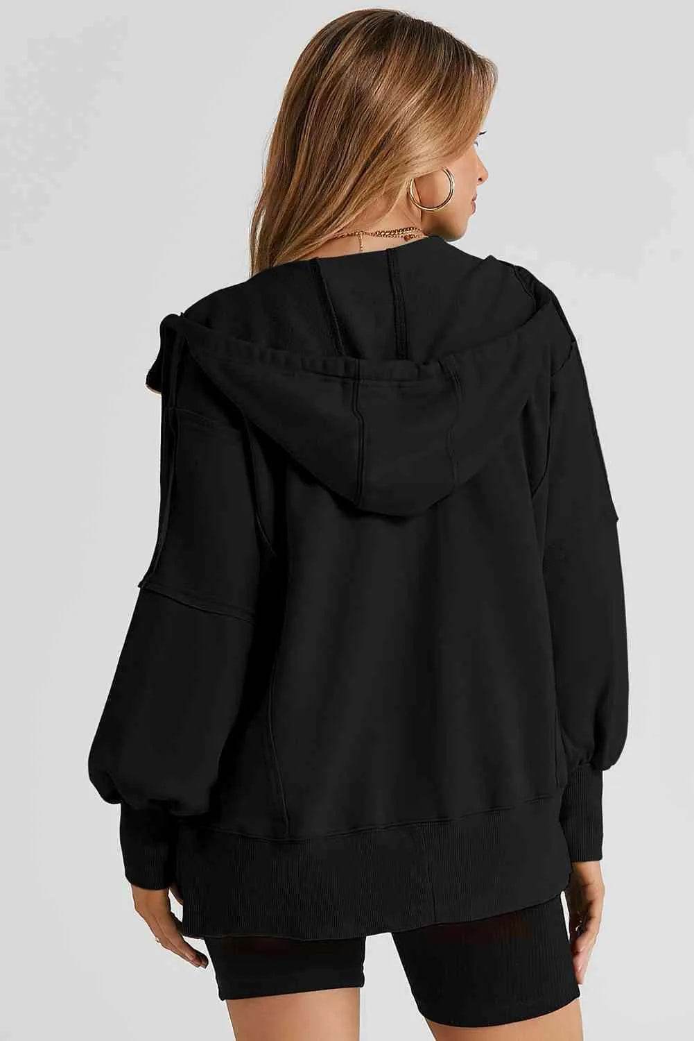 Zip Up Long Sleeve Drawstring Hoodie - Bona Fide Fashion