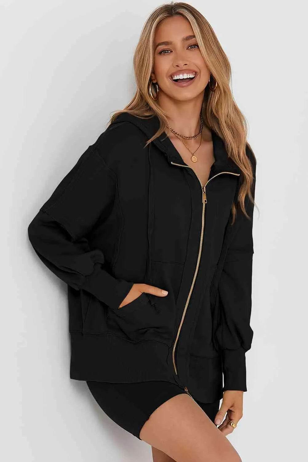 Zip Up Long Sleeve Drawstring Hoodie - Bona Fide Fashion