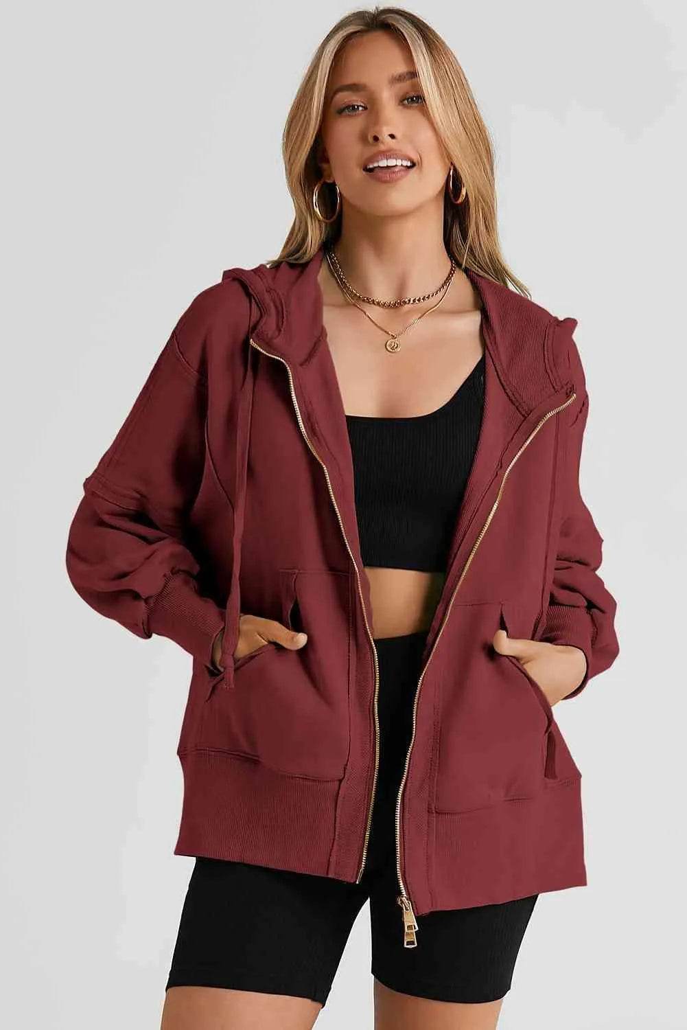 Zip Up Long Sleeve Drawstring Hoodie - Bona Fide Fashion