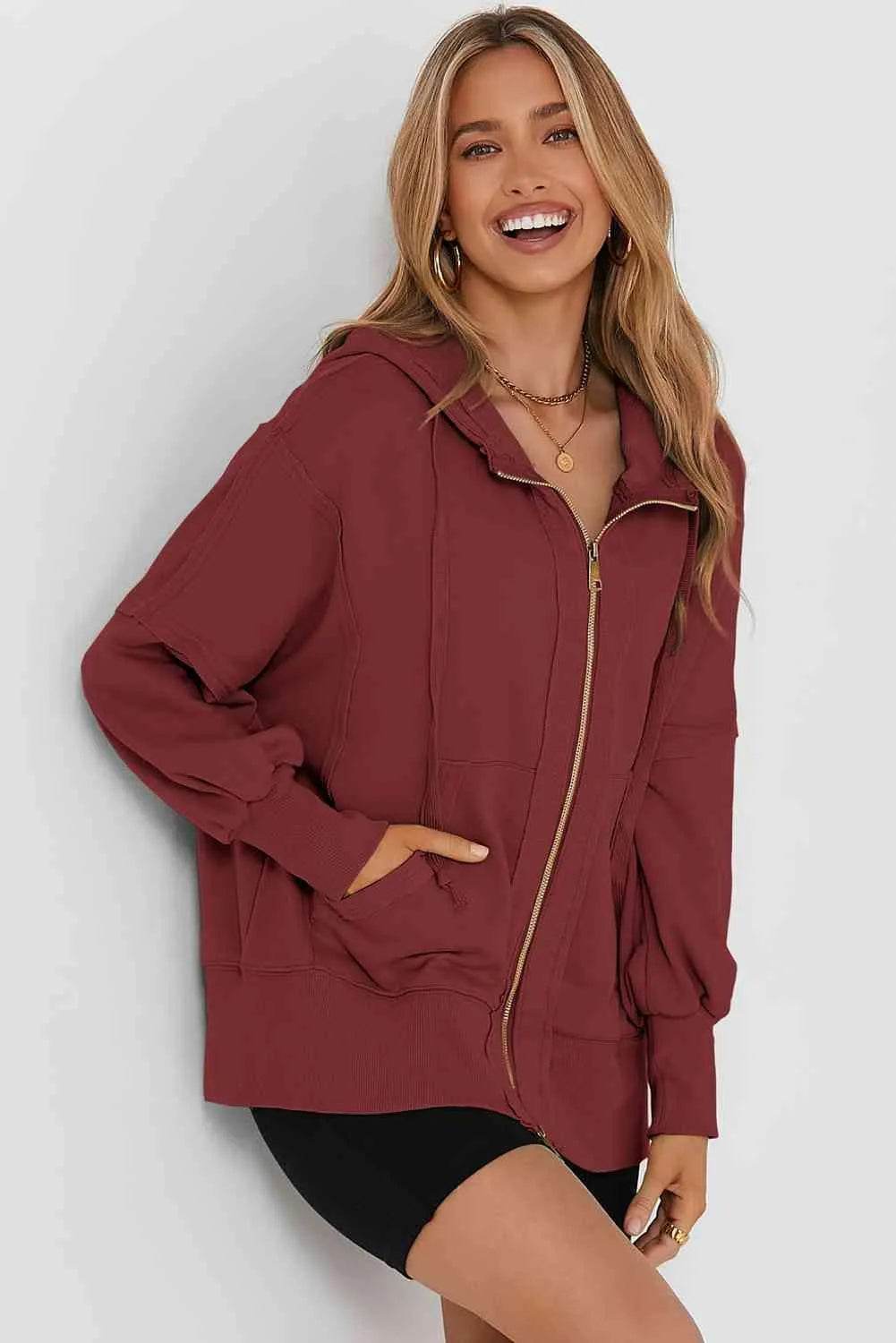 Zip Up Long Sleeve Drawstring Hoodie - Bona Fide Fashion