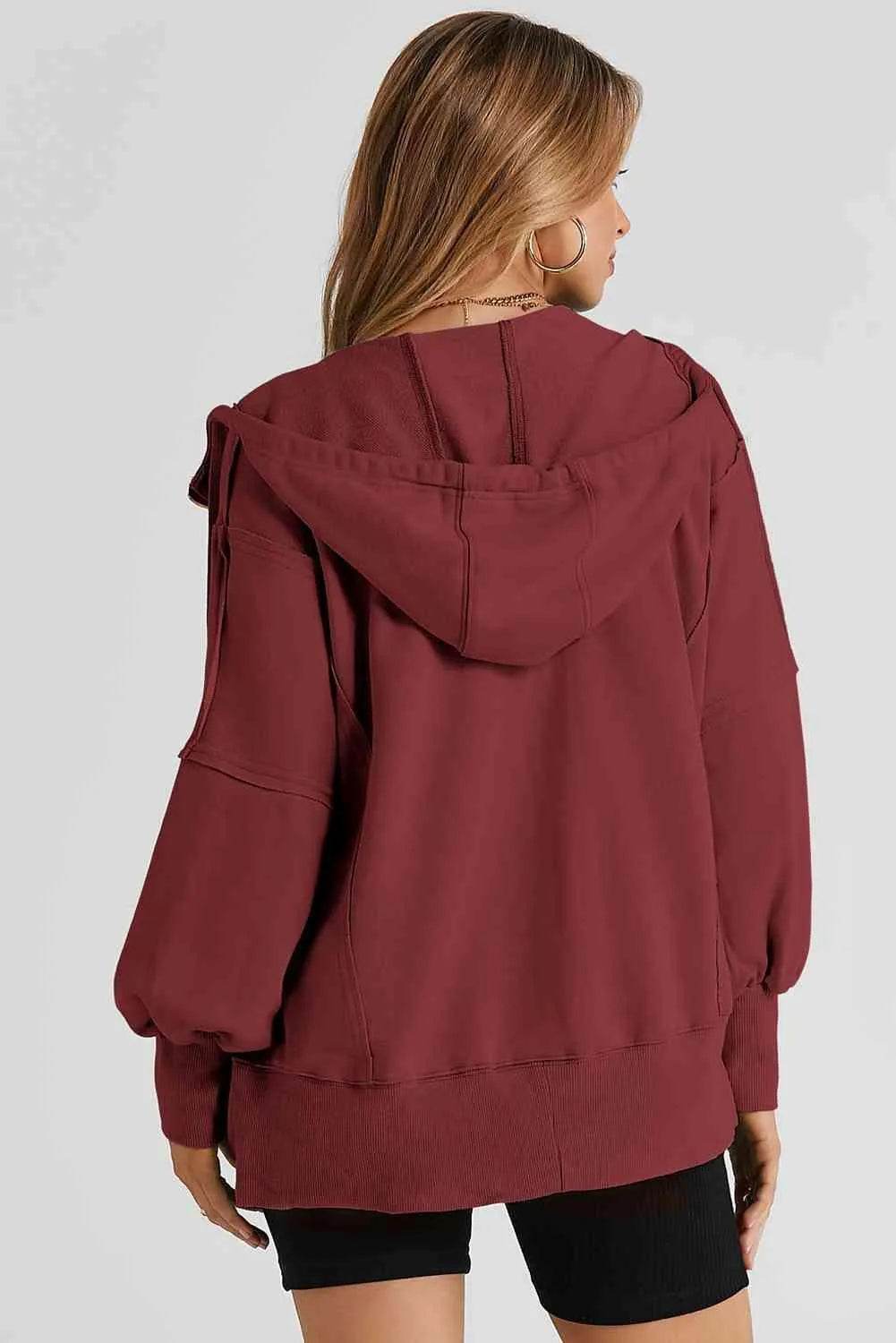 Zip Up Long Sleeve Drawstring Hoodie - Bona Fide Fashion