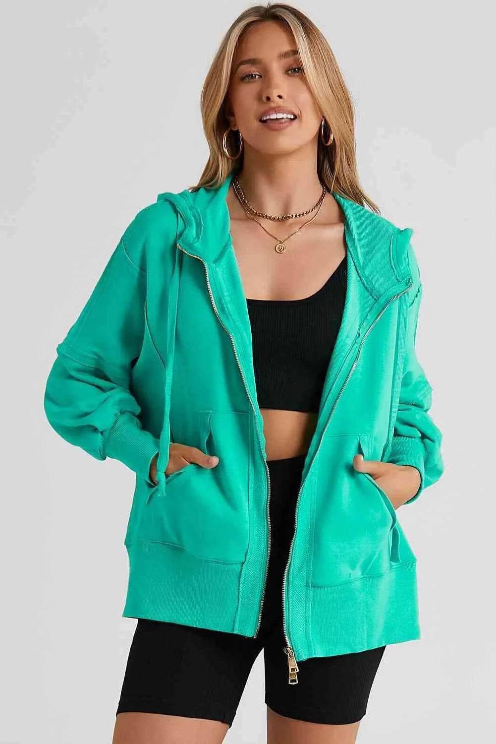 Zip Up Long Sleeve Drawstring Hoodie - Bona Fide Fashion