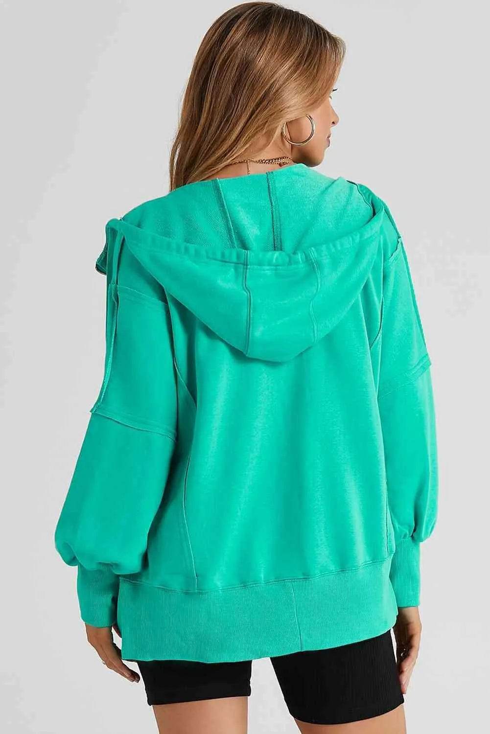 Zip Up Long Sleeve Drawstring Hoodie - Bona Fide Fashion