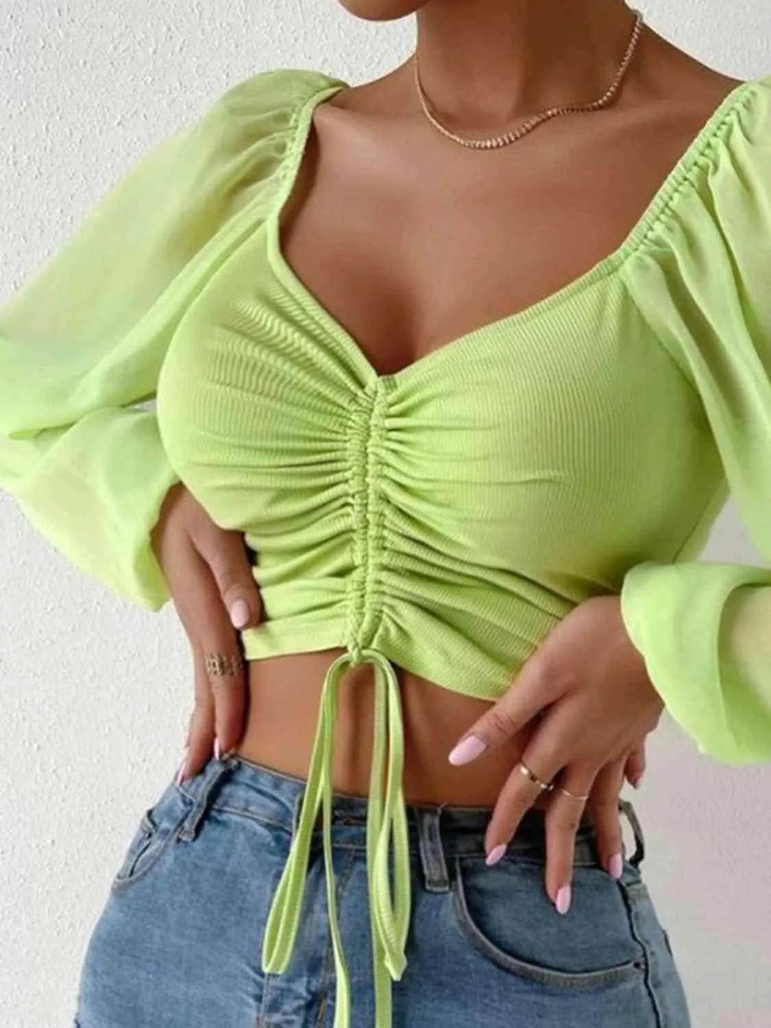 Bona Fide Fashion - Drawstring Sweetheart Neck Cropped Top - Women Fashion - Bona Fide Fashion