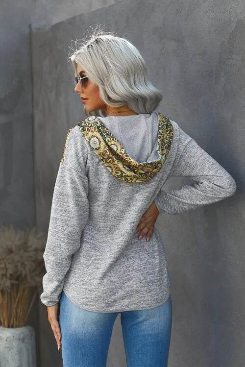 Floral Drawstring Half Snap Hoodie - Bona Fide Fashion