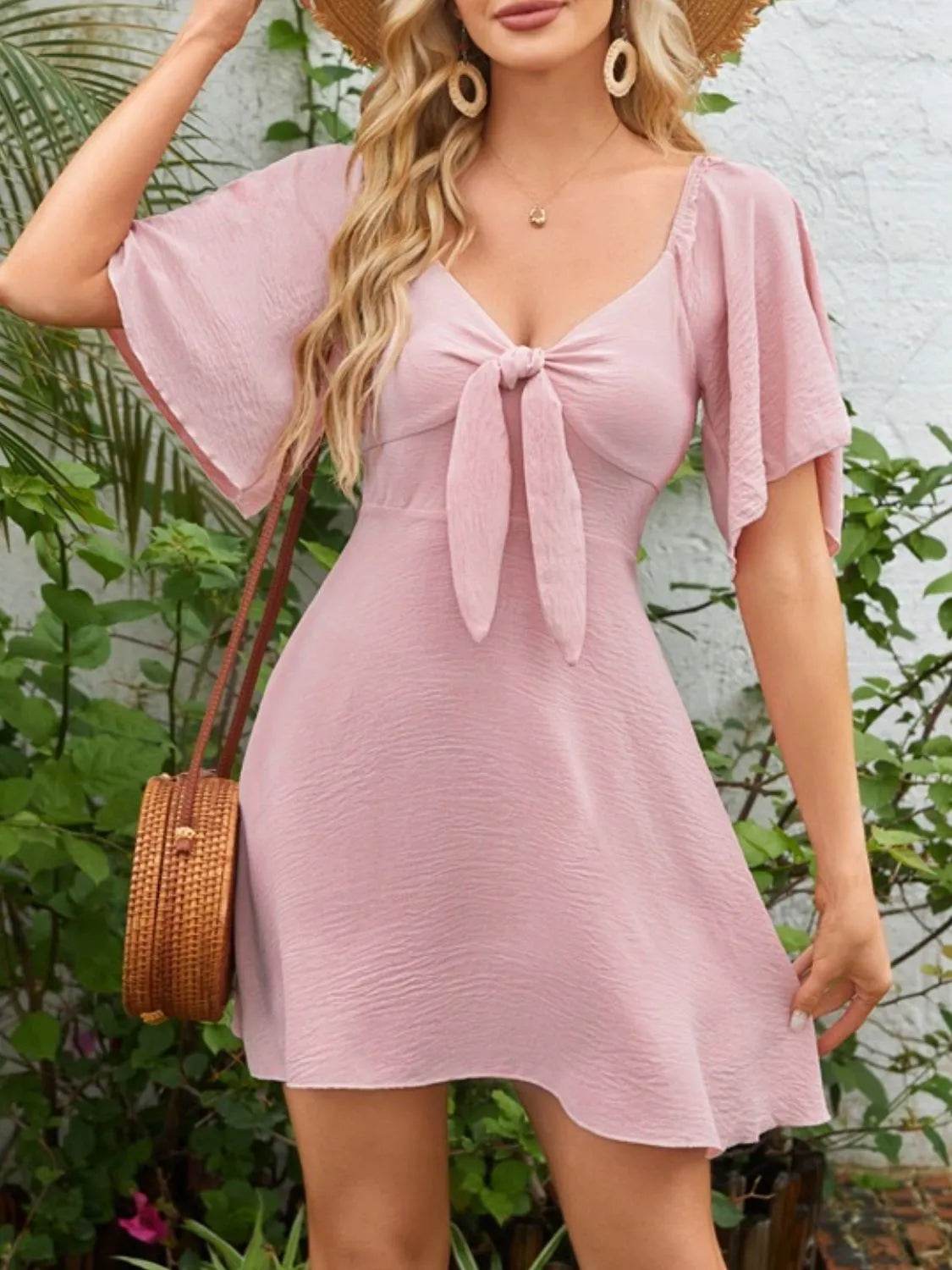 Smocked Back Knotted Flutter Sleeve Dress - Bona Fide Fashion