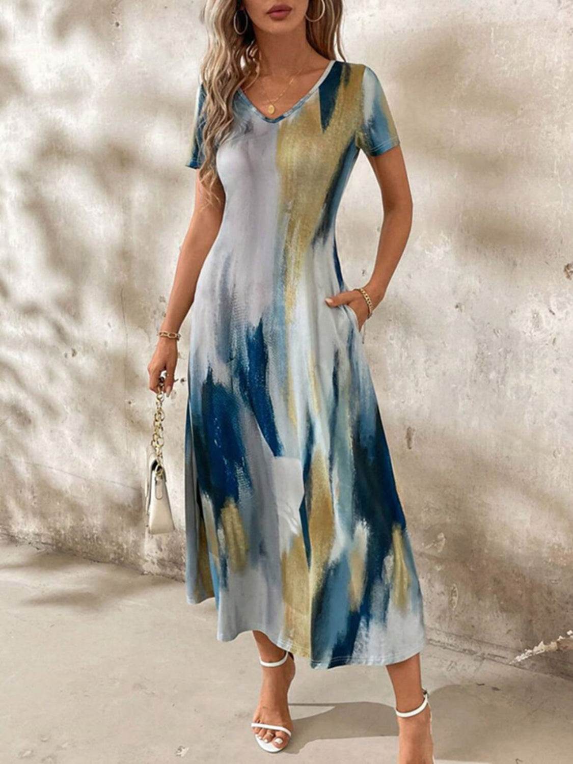 Tie-Dye V-Neck Short Sleeve Midi Tee Dress - Bona Fide Fashion